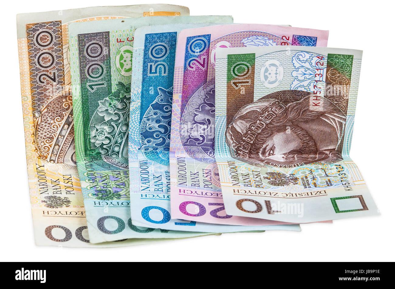 Set of polish banknotes isolated on white background with clipping path ...
