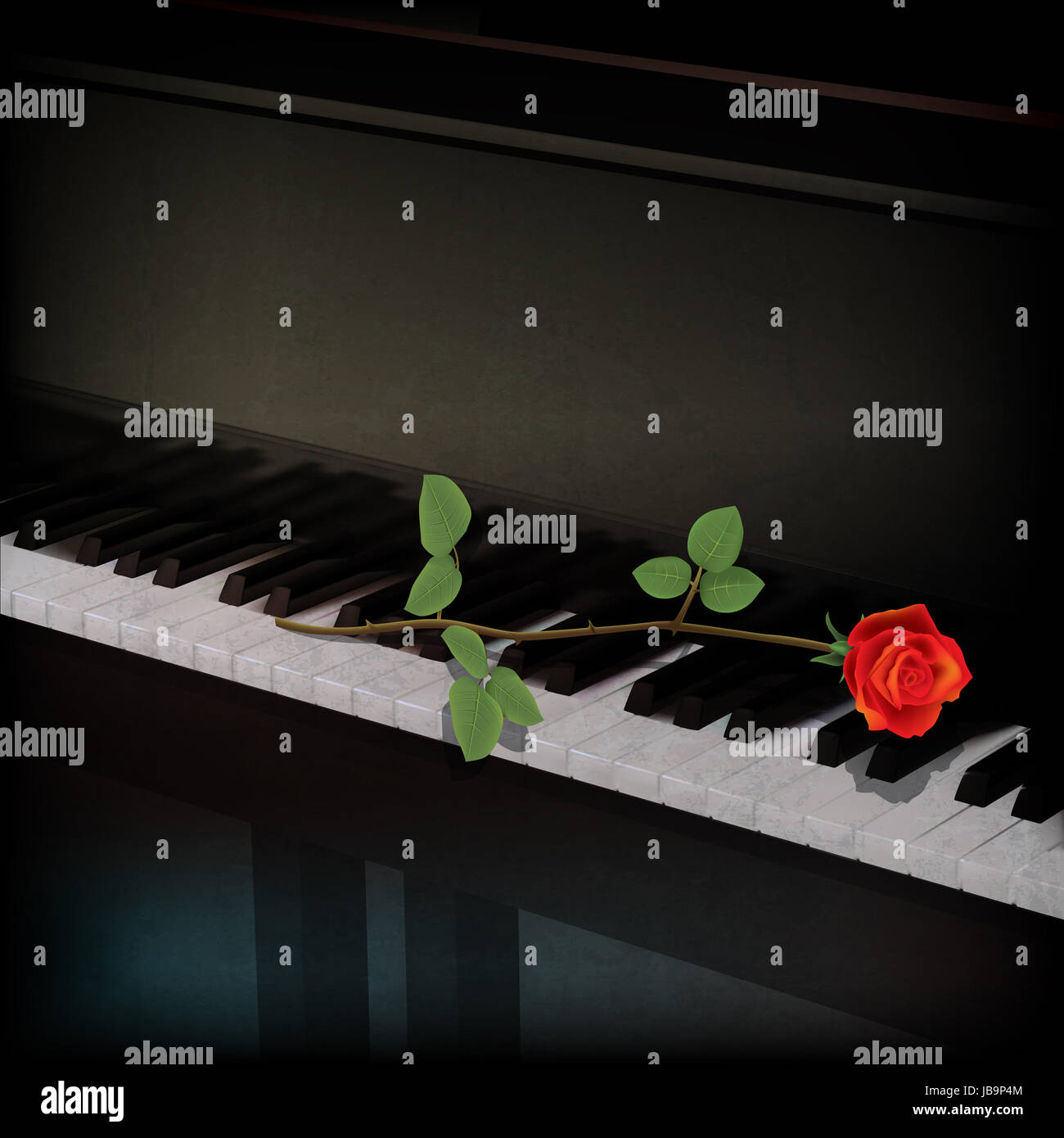 abstract grunge background with red rose on grand piano Stock Photo