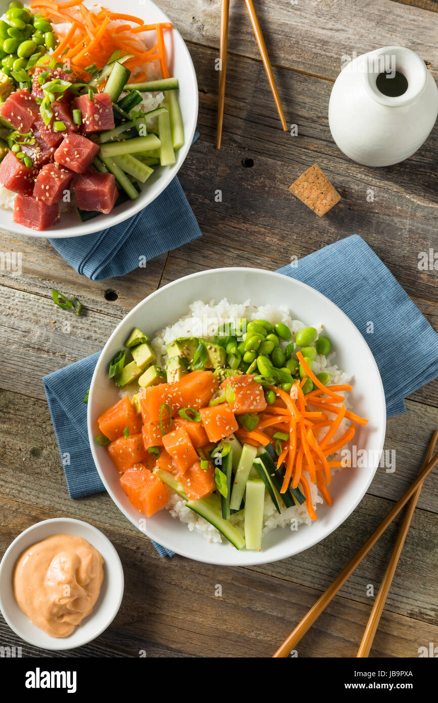 Raw Organic Salmon Poke Bowl with Rice and Veggies Stock Photo Alamy