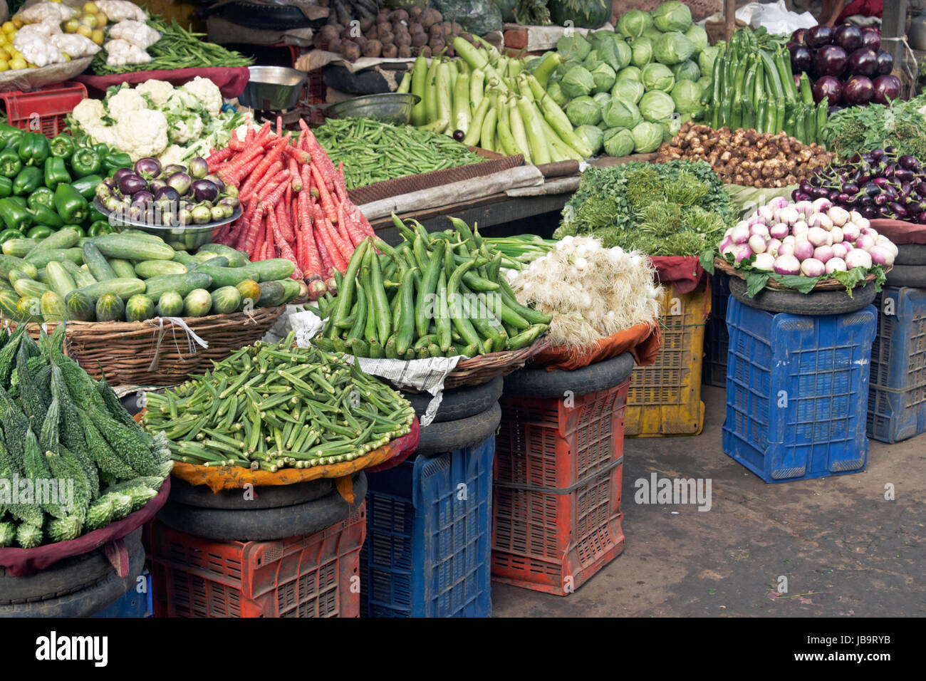 Fresh vegetables displayed for sale on a market stall in Old Delhi, India Stock Photo