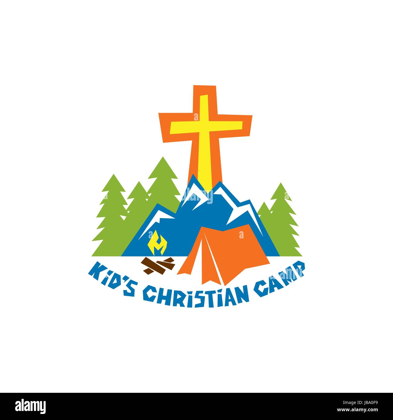 Logo of kid's Christian camp. Tent, bonfire, mountains and cross. Stock Vector