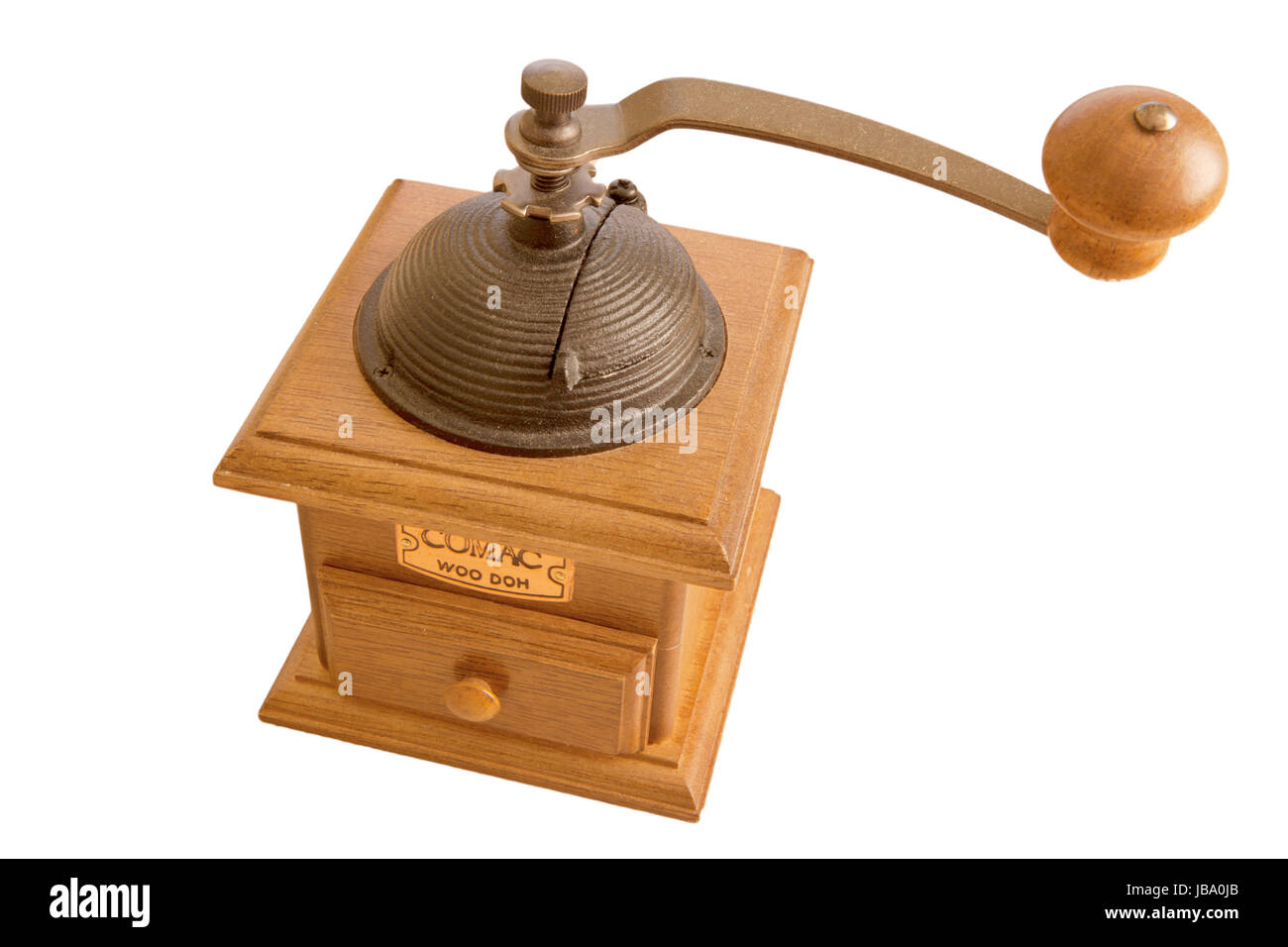 Vintage rustic wooden coffee grinder with a manual mechanism and large