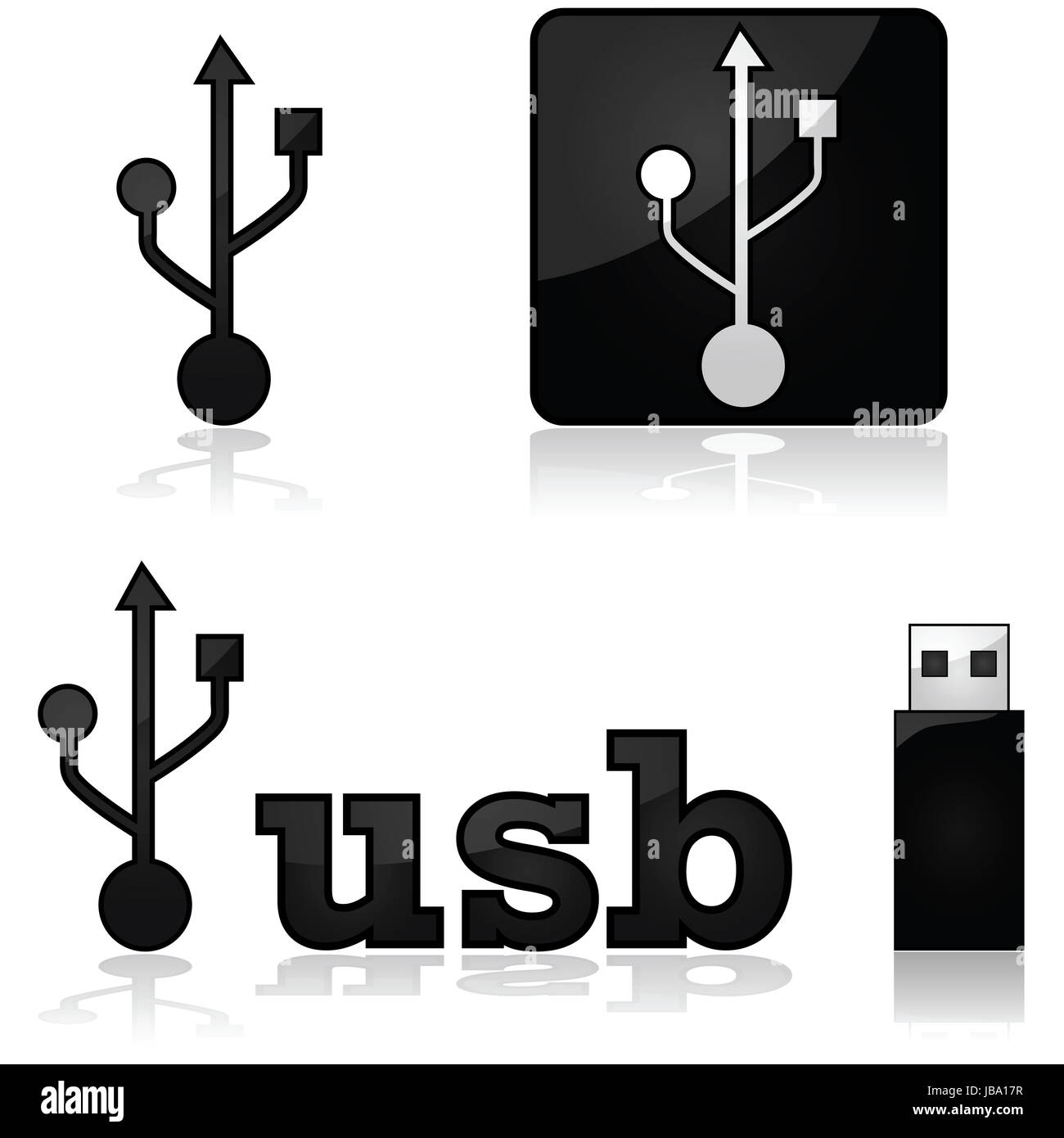 Icon set showing the sign for USB devices, as well as a memory stick