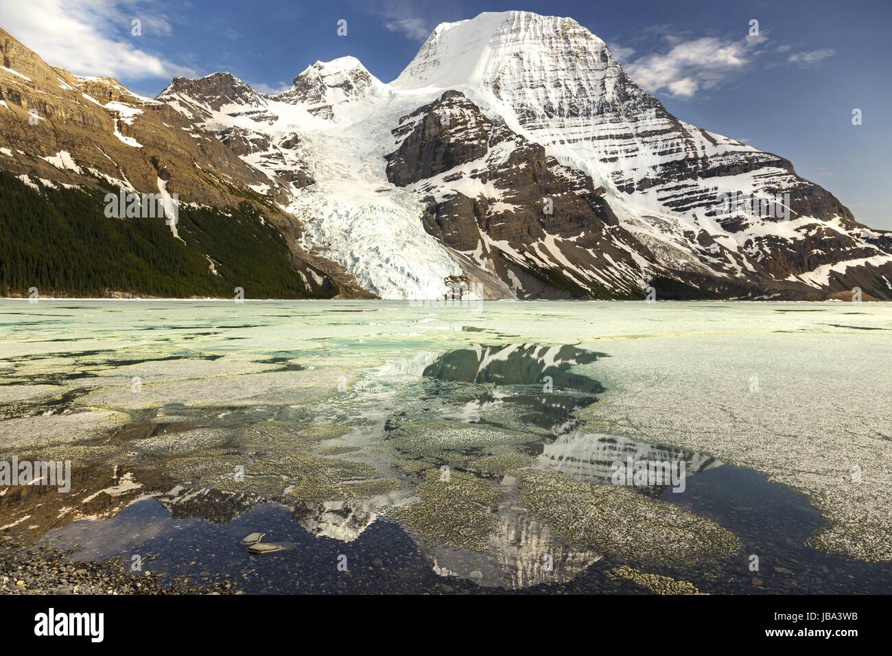 Berg Lake Frozen Ice and Mount Robson Peak Scenic Landscape, British Columbia Canada Stock Photo
