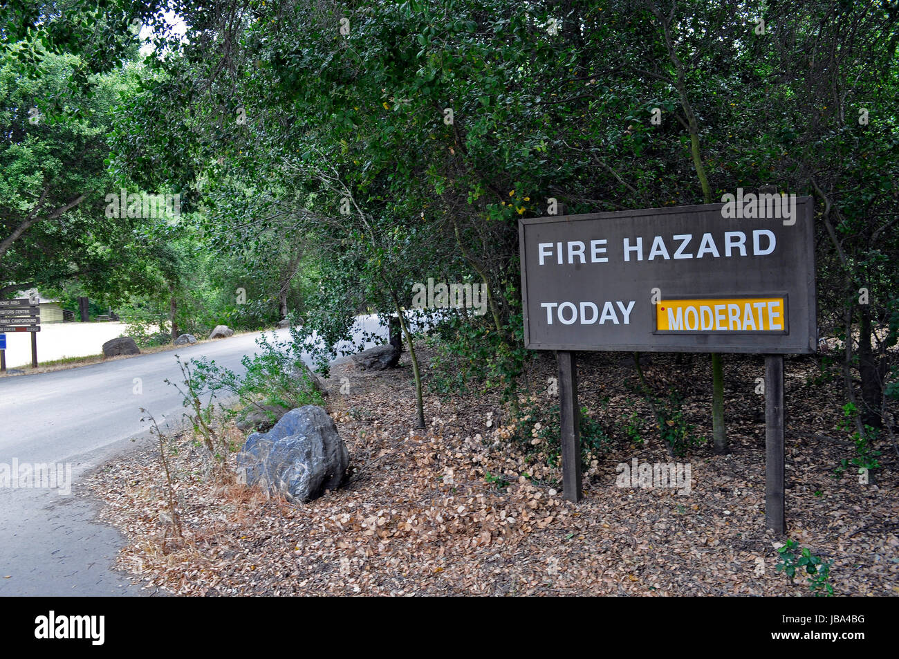 Moderate fire hazard today sign, Sunol, Ohlone, Regional, Wilderness, California, Stock Photo