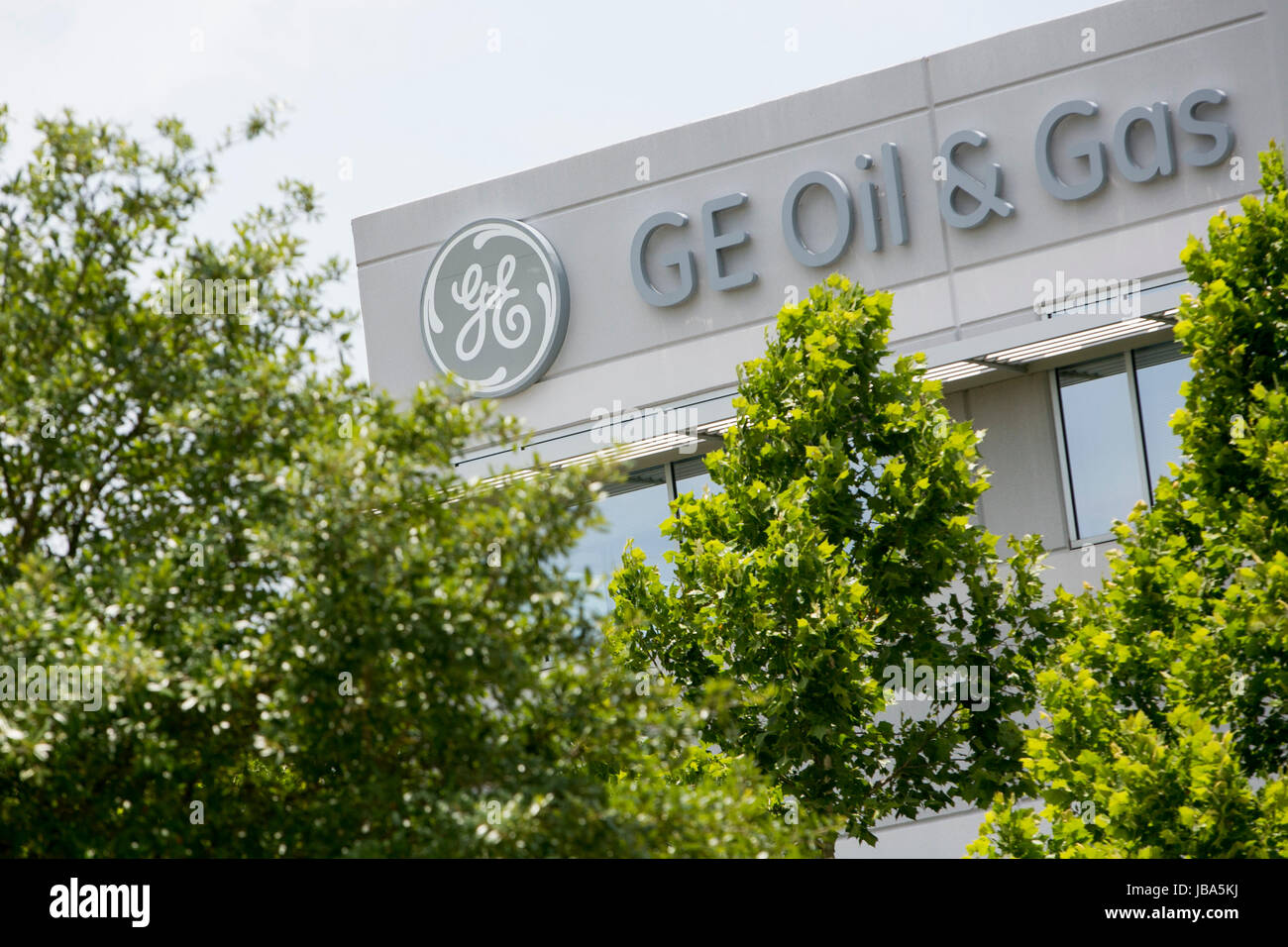 A logo sign outside of a facility occupied by GE Oil & Gas in Houston