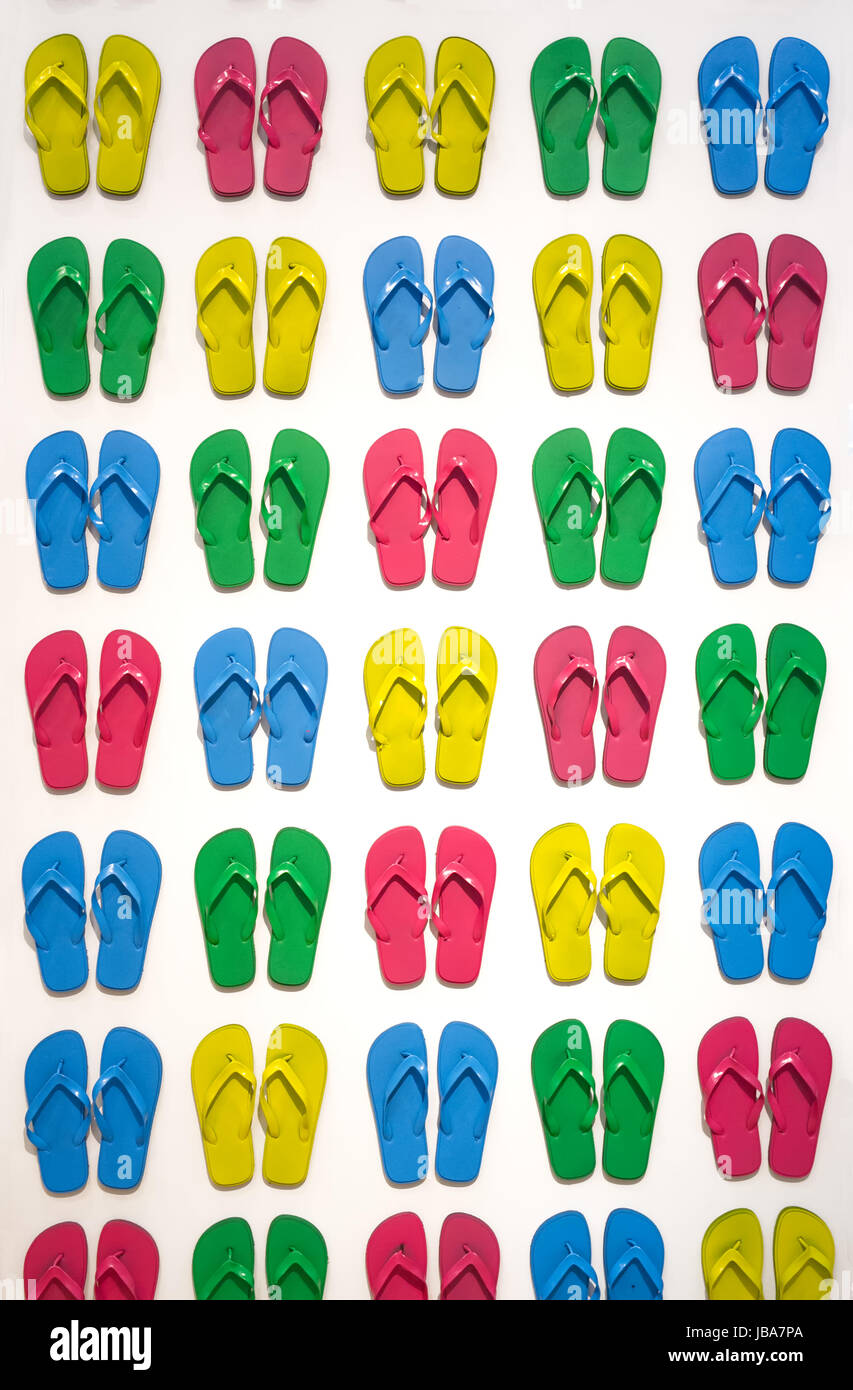 Viele farbige Badelatschen Many colored slippers Stock Photo