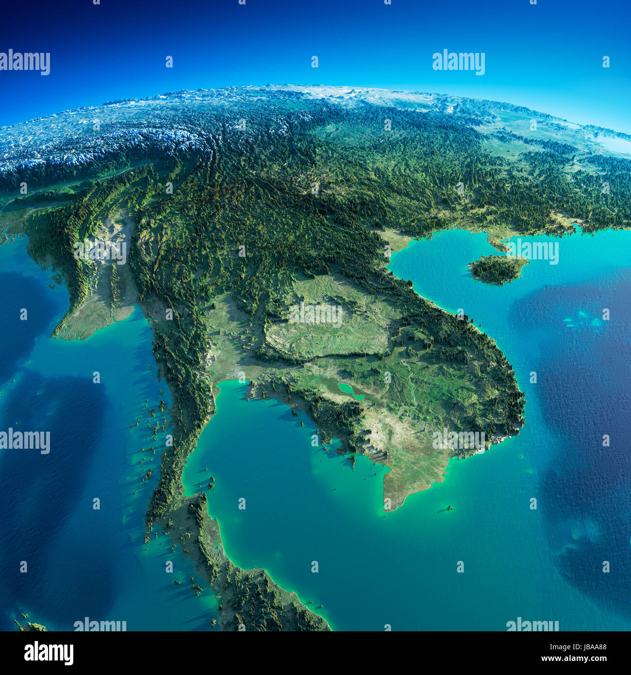 Highly detailed planet Earth in the morning. Exaggerated precise relief lit morning sun. Detailed Earth. Indochina peninsula. Elements of this image furnished by NASA Stock Photo