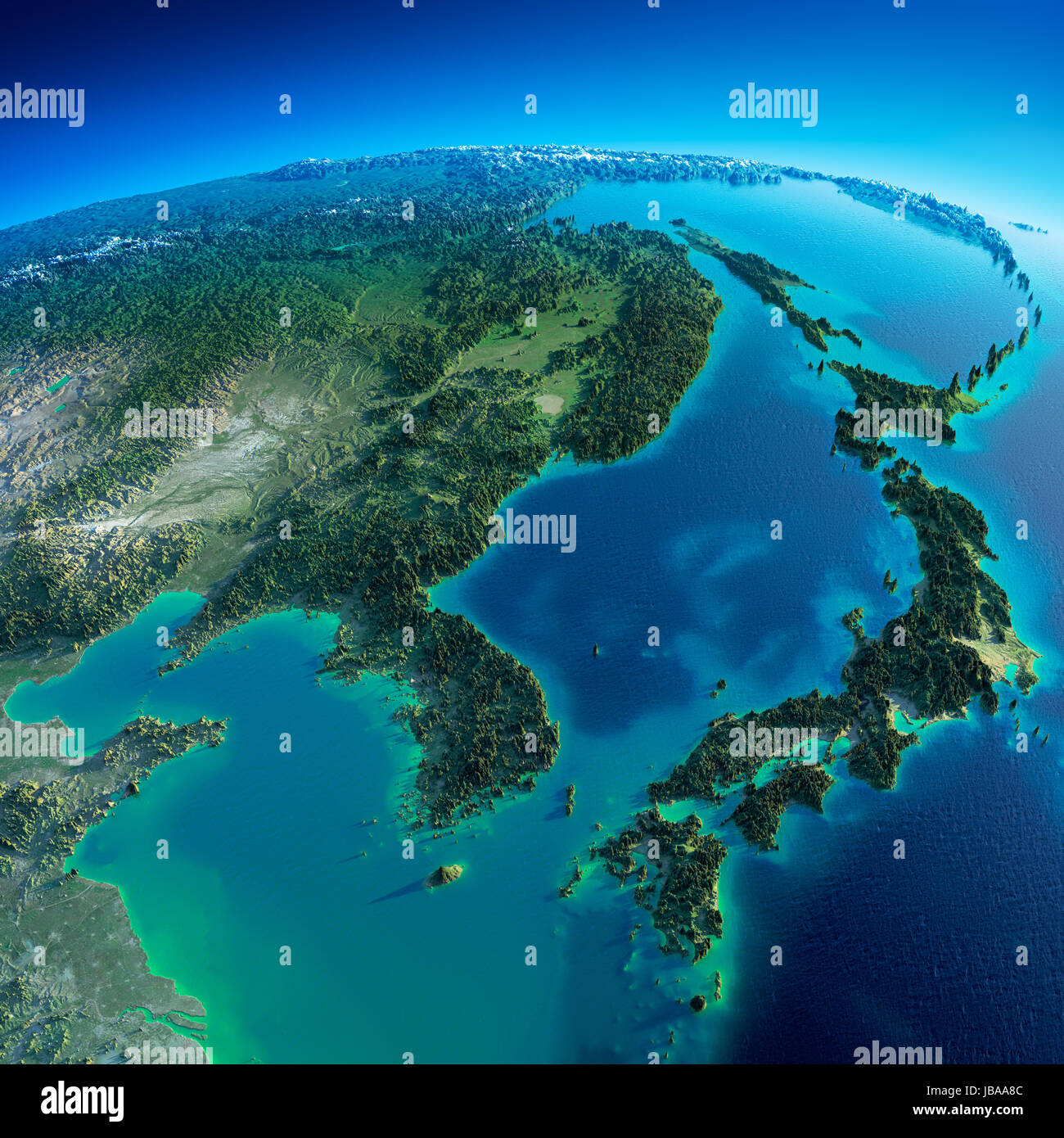 Highly detailed planet Earth in the morning. Exaggerated precise relief lit morning sun. Detailed Earth. Korea and Japan. Elements of this image furnished by NASA Stock Photo