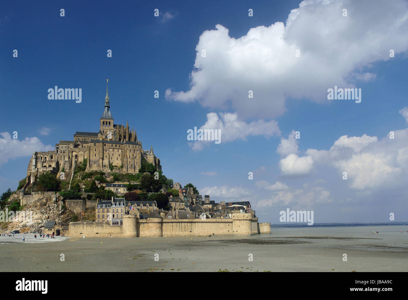 Mont Saint-Michel / Normandy cathedral on island at low tide Stock Photo