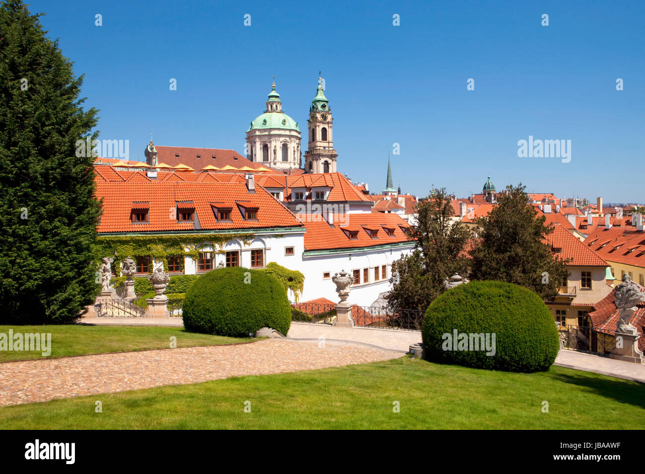 czech republic, prague - 18th century vrtba garden (vrtbovska zahrada) and st. nicholas church Stock Photo