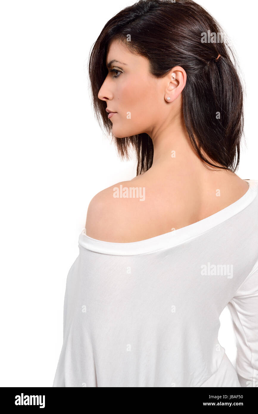 Portrait of a beautiful caucasian woman on a white background Stock Photo