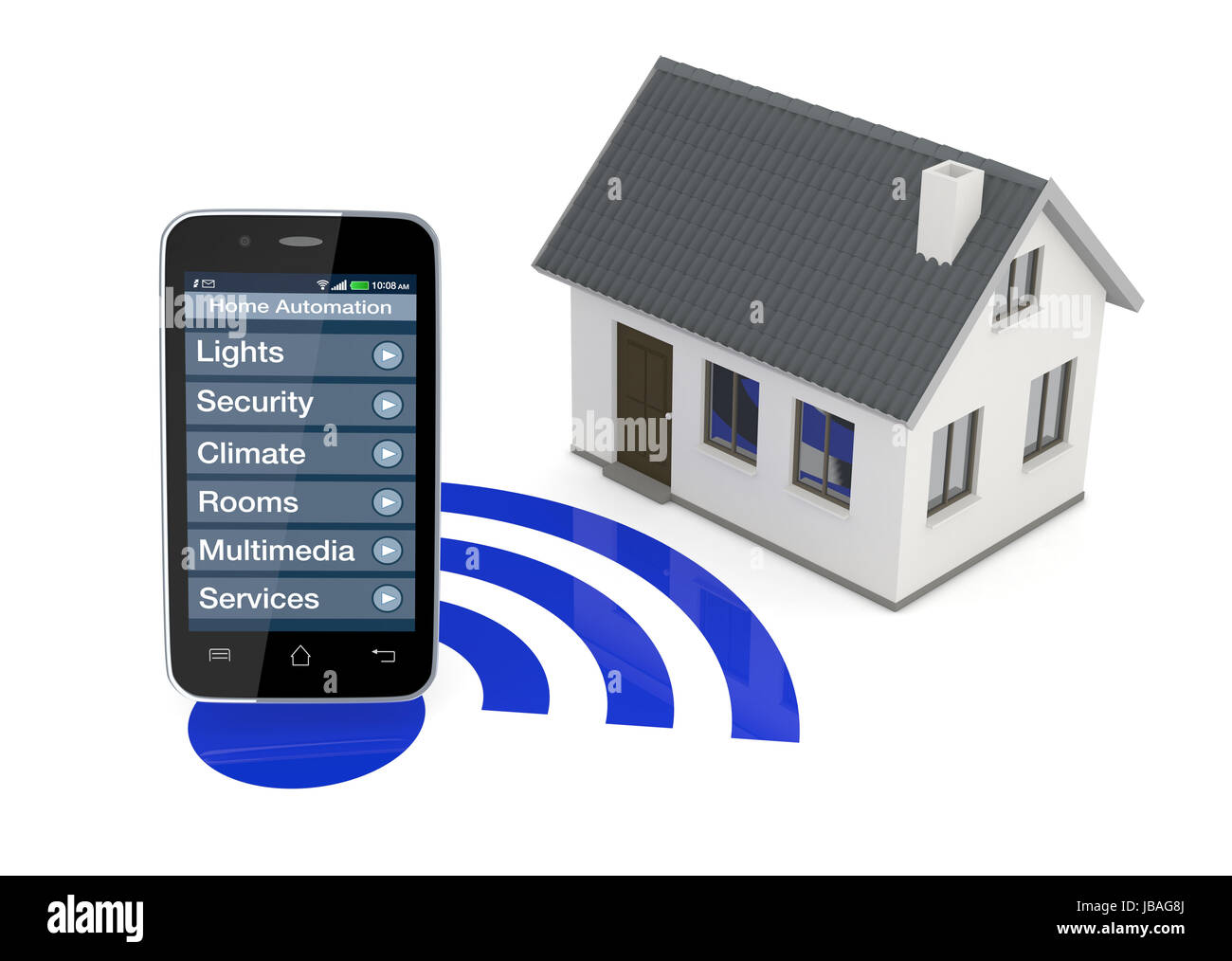 one smartphone with an home automation app and a small house (3d render ...