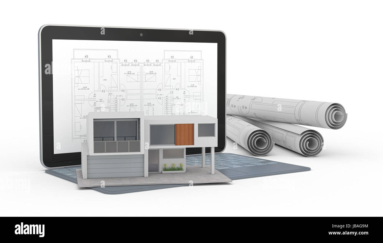 one model of a modern house, a computer with a cad software and some rolled  construction projects, concept of house planning (3d render Stock Photo -  Alamy, image size:1300x825
