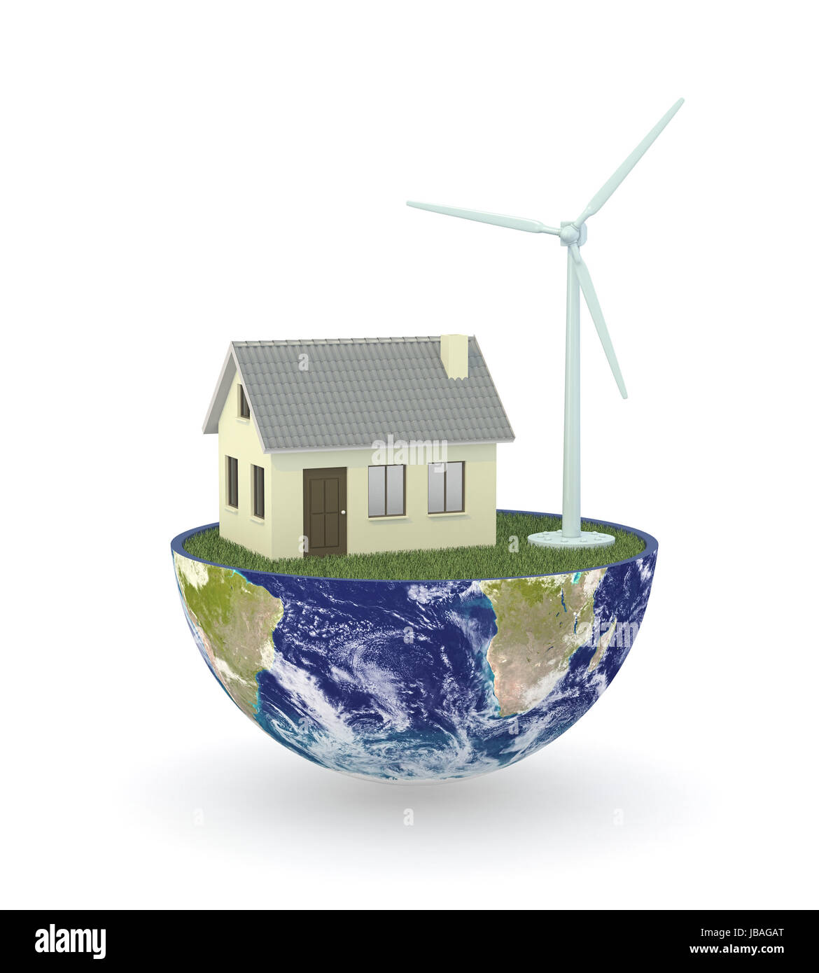 half of an earth globe with a house and an eolic plant; concept of ...