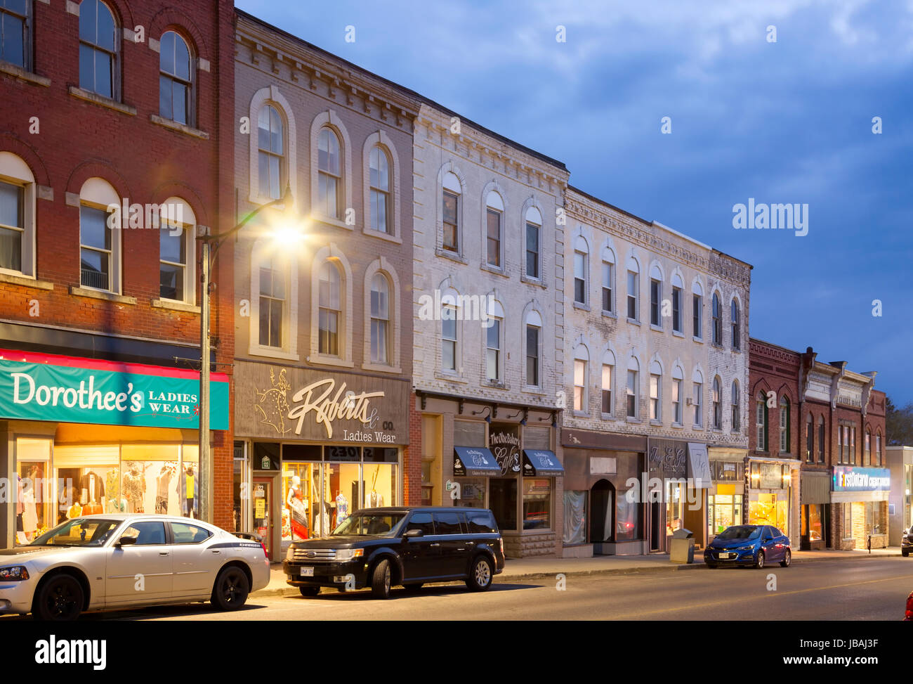 Historical heritage buildings in downtown Ingersoll, Oxford County, Ontario, Canada at dusk. Stock Photo