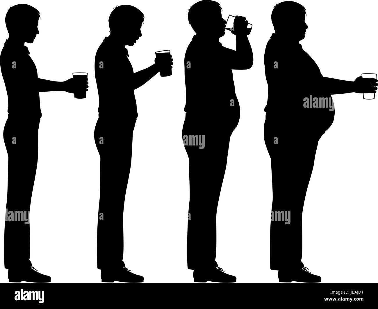 Editable vector silhouette sequence of a man drinking beer and becoming overweight Stock Vector