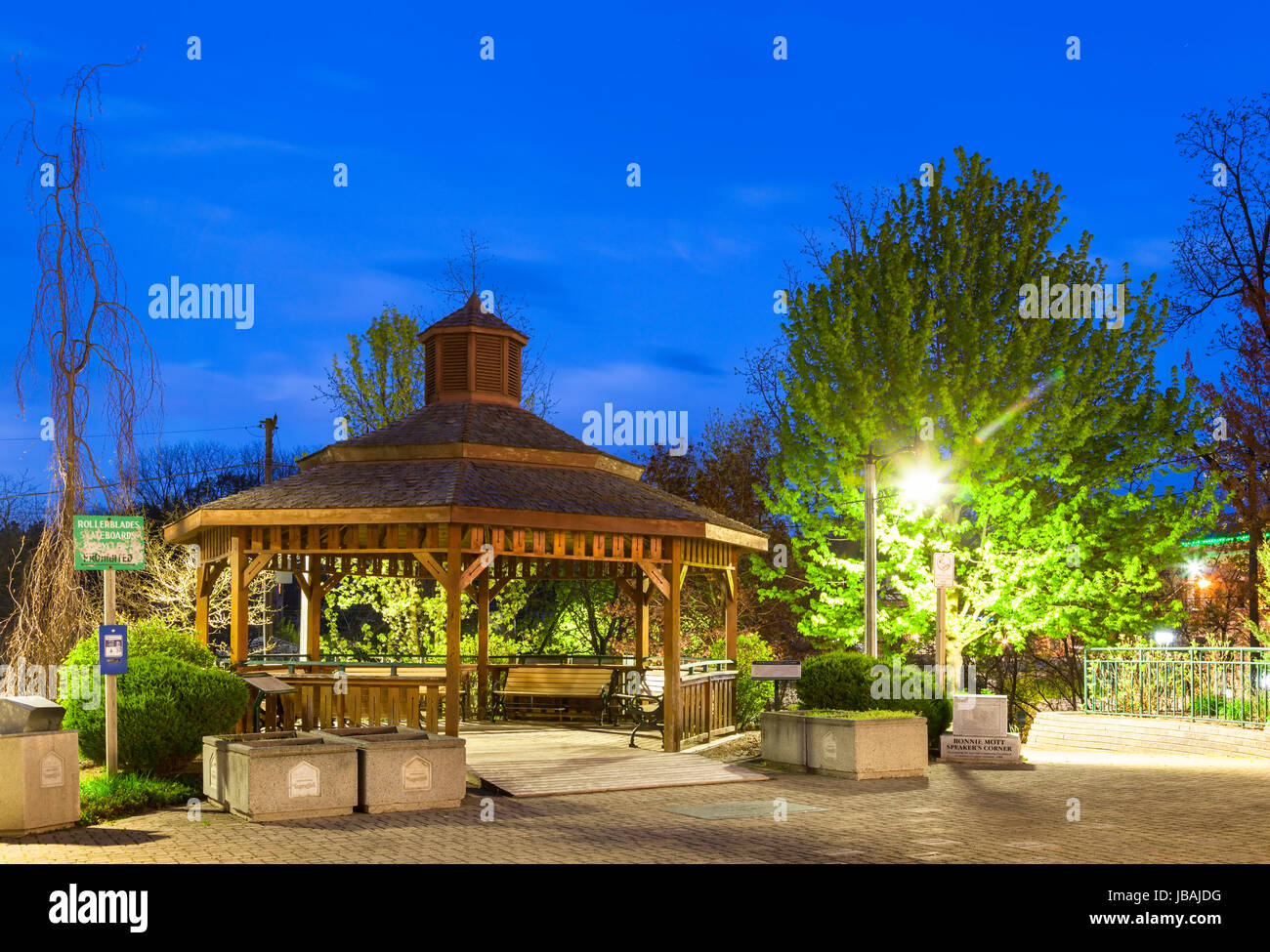 A gazebo at Heritage Park or Heritage Court in downtown Ingersoll, Oxford County, Ontario, Canada at dusk. Stock Photo