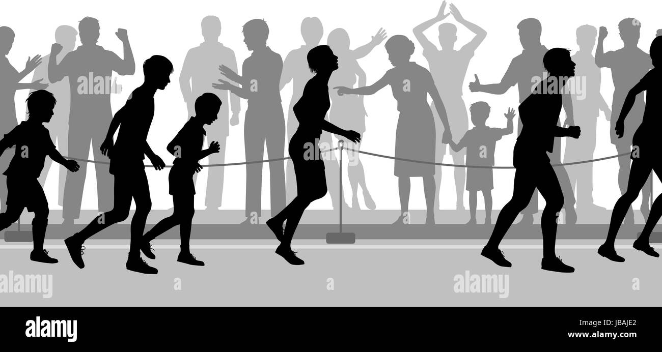 Editable vector cutout illustration of a crowd supporting mixed runners in a race Stock Vector