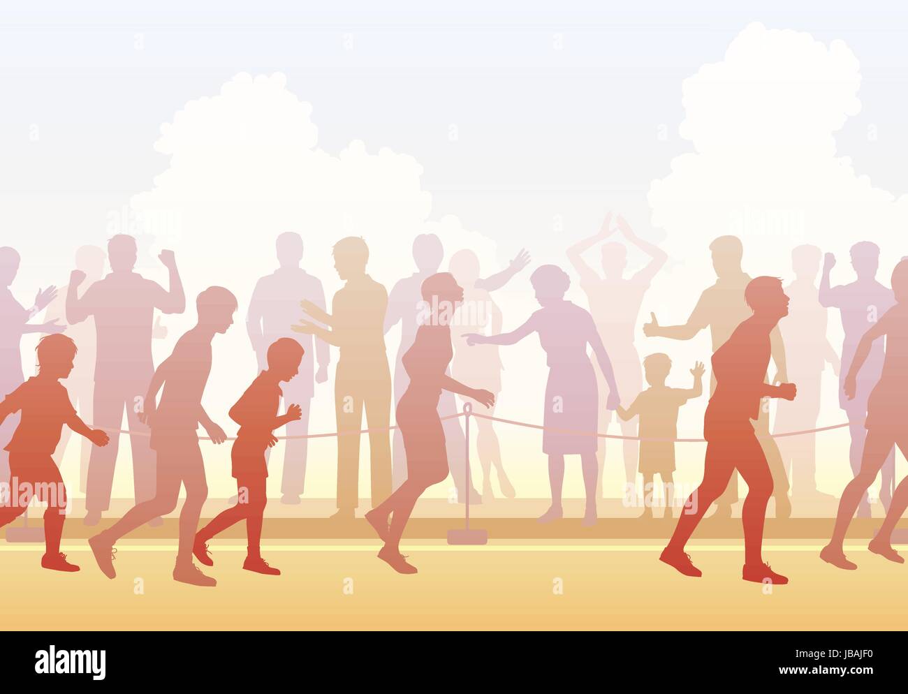 Colorful eps10 vector cutout illustration of a crowd supporting mixed runners in a marathon race Stock Vector
