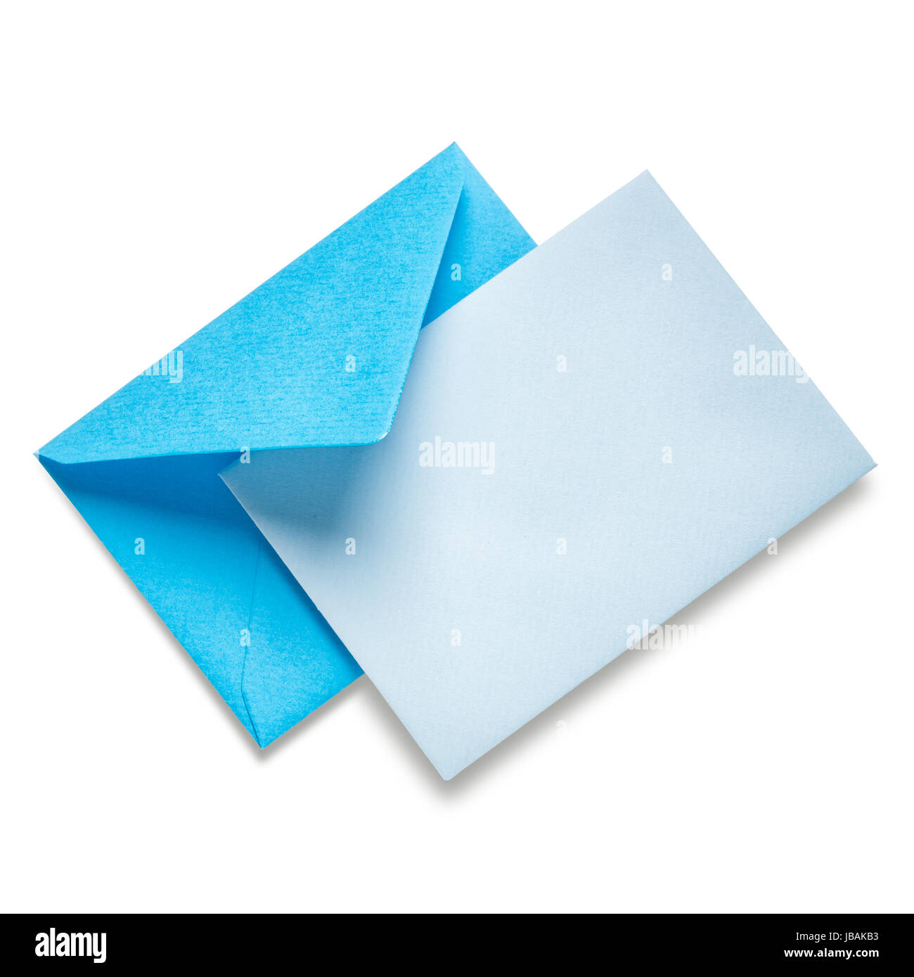 Blue envelope with card on white background, clipping path included ...