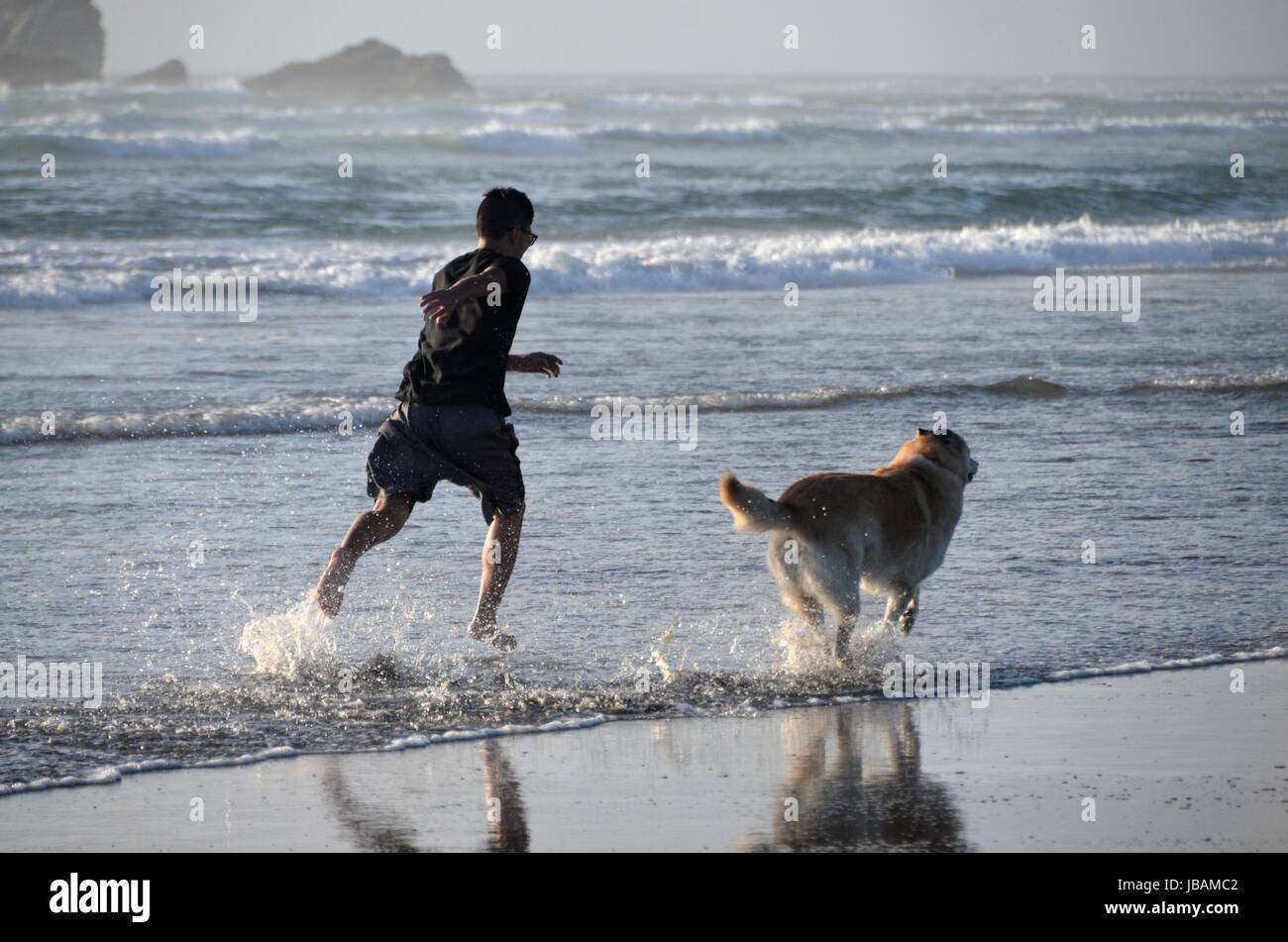 Teenage Boy Running In The Surf With His Dog Stock Photo