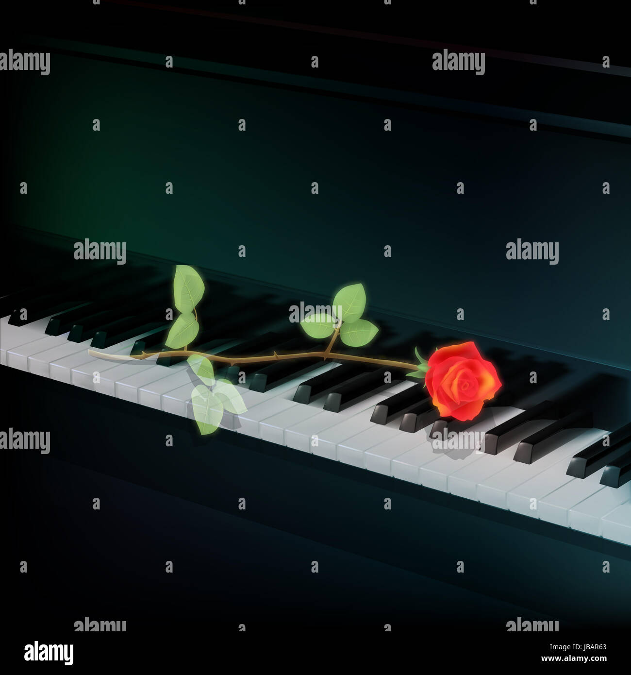 abstract music background with red rose on grand piano Stock Photo