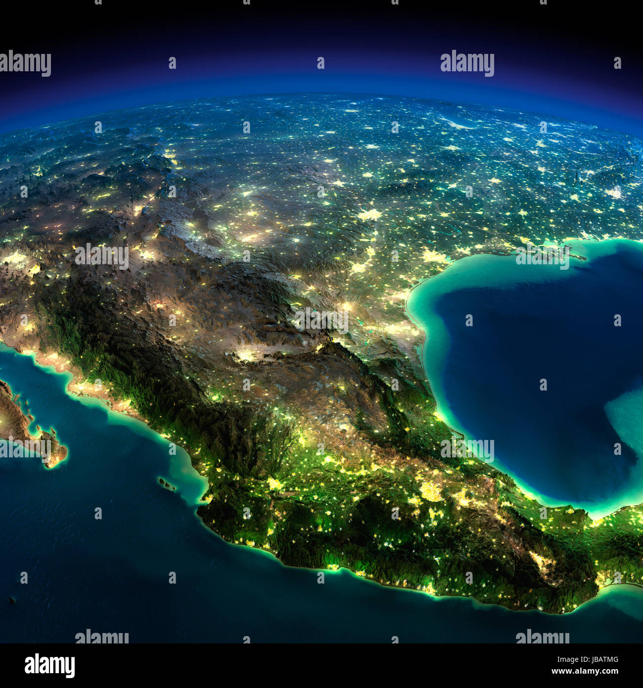 Highly detailed Earth, illuminated by moonlight. The glow of cities sheds light on the detailed exaggerated terrain. North America. Mexico. Elements of this image furnished by NASA Stock Photo