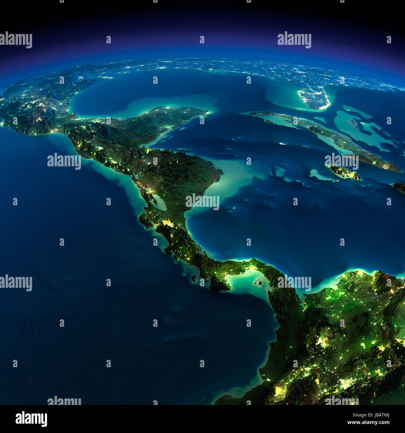 Highly detailed Earth, illuminated by moonlight. The glow of cities sheds light on the detailed exaggerated terrain. Night. The countries of Central America. Elements of this image furnished by NASA Stock Photo