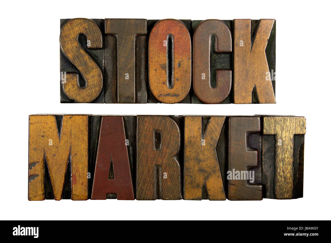 The words STOCK MARKET written in vintage letterpress type Stock Photo