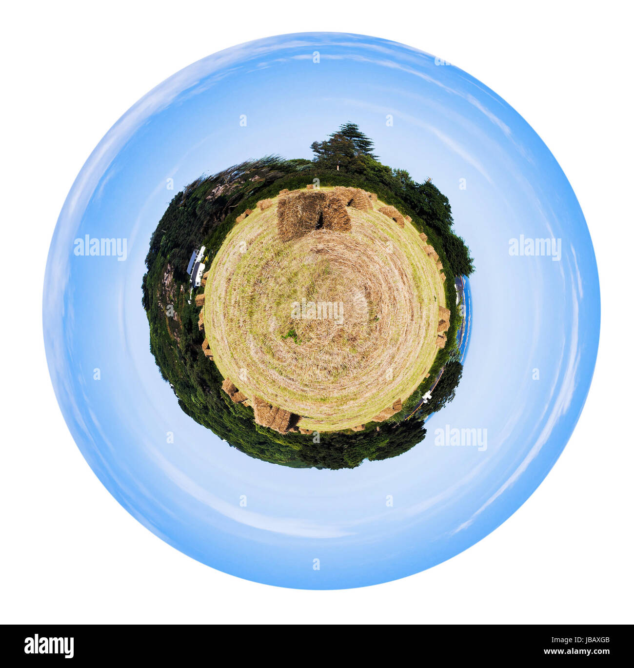 Straw Planet little planet - spherical view of country field with straw stack near ...
