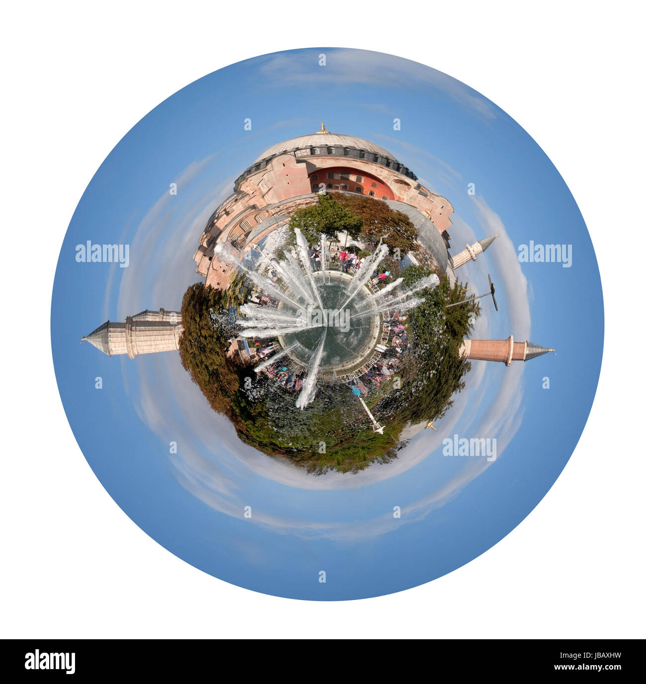 little planet - urban spherical view on Sultanahmet square with fountain and Haghia Sophia cathedral in Istanbul, Turkey isolated on white background Stock Photo