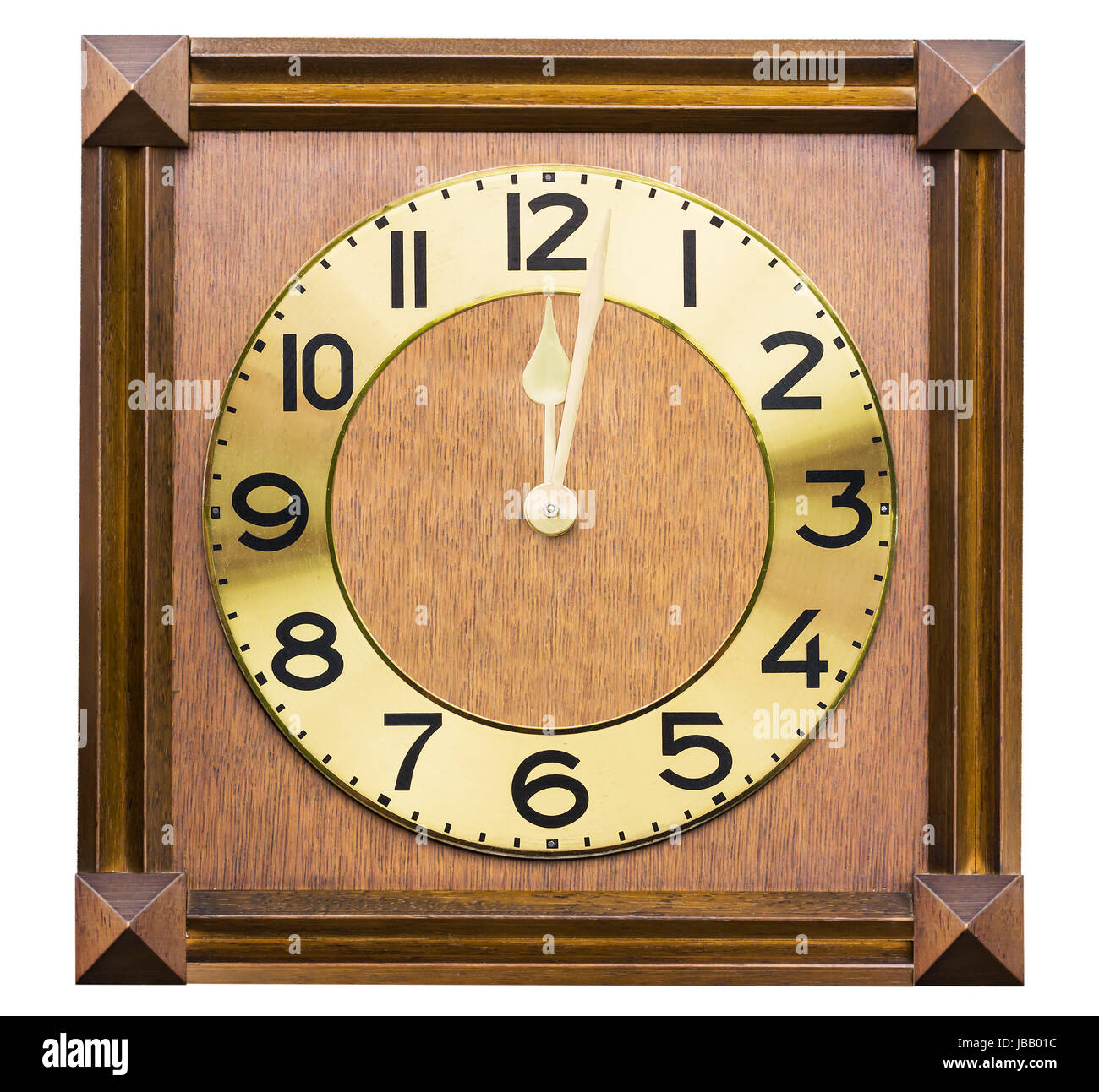 Old antique wall clock is handmade woodcraft on white Stock Photo Alamy
