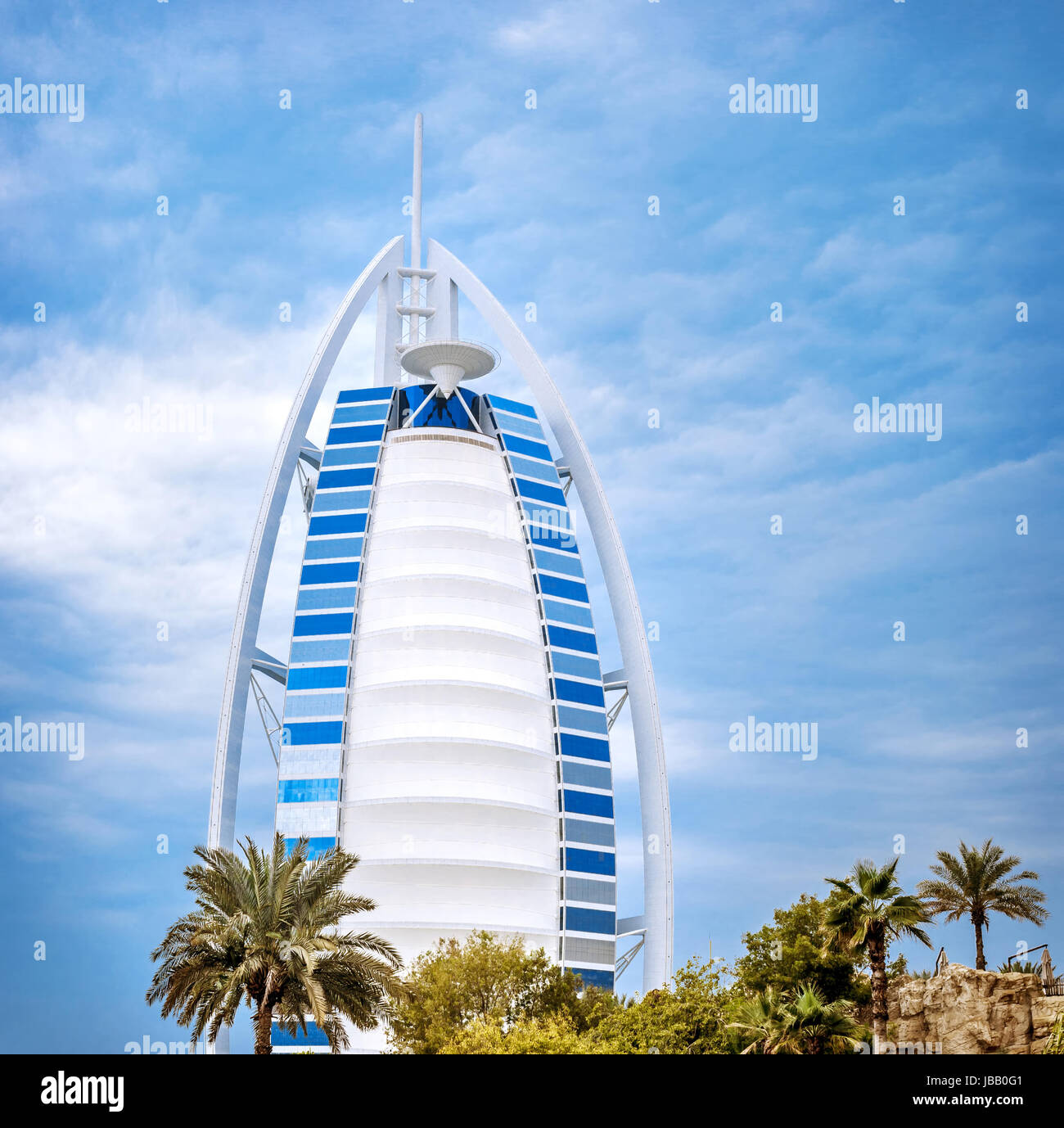 DUBAI, UAE - FEB 09: Burj Al Arab is 321m, second tallest hotel in the world, luxury hotel stands on an artificial island, February 09 ,2014 Jumeirah beach, Dubai, United Arab Emirates Stock Photo