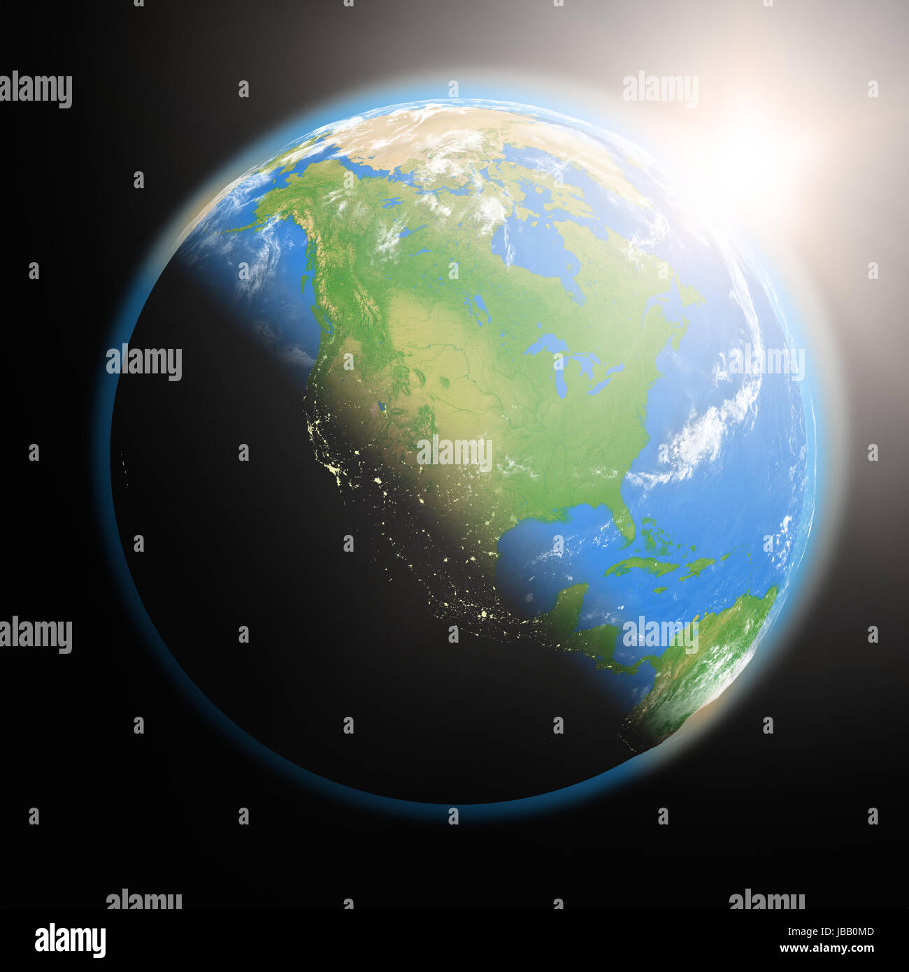 Space view of the sun rising over North America on blue planet Earth ...
