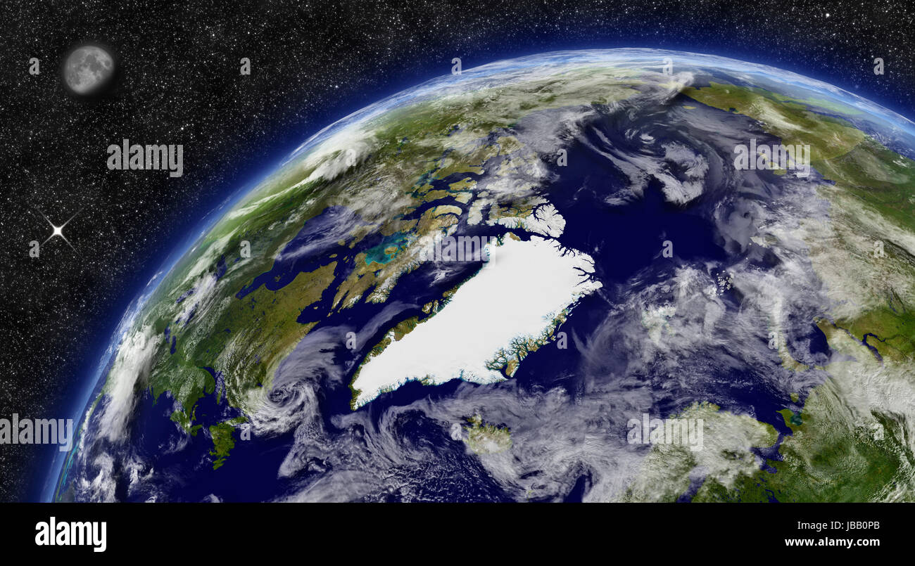 Arctic region on Earth from space with Moon and stars in the