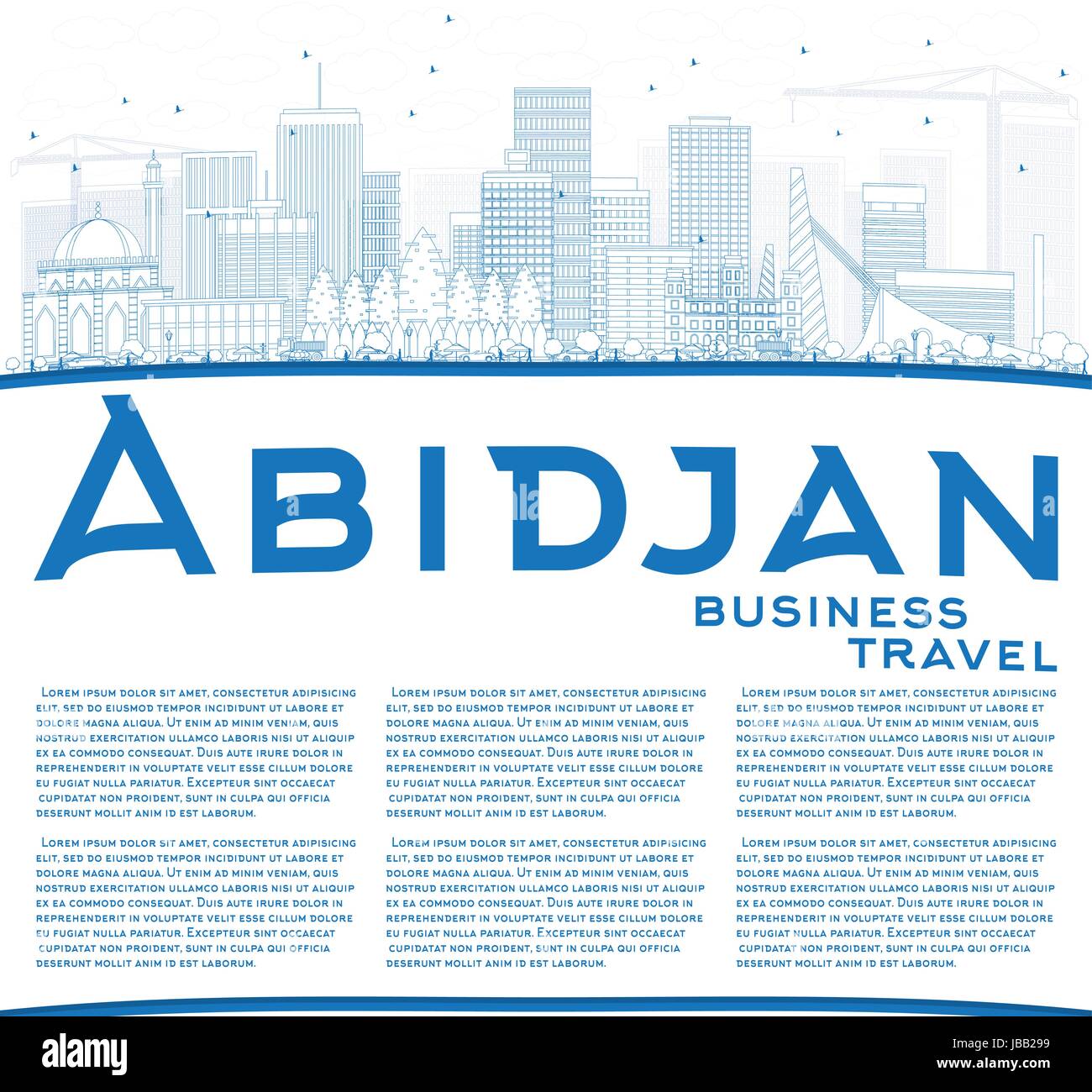 Outline Abidjan Skyline with Blue Buildings and Copy Space. Vector Illustration. Business Travel and Tourism Concept with Modern Architecture. Stock Vector