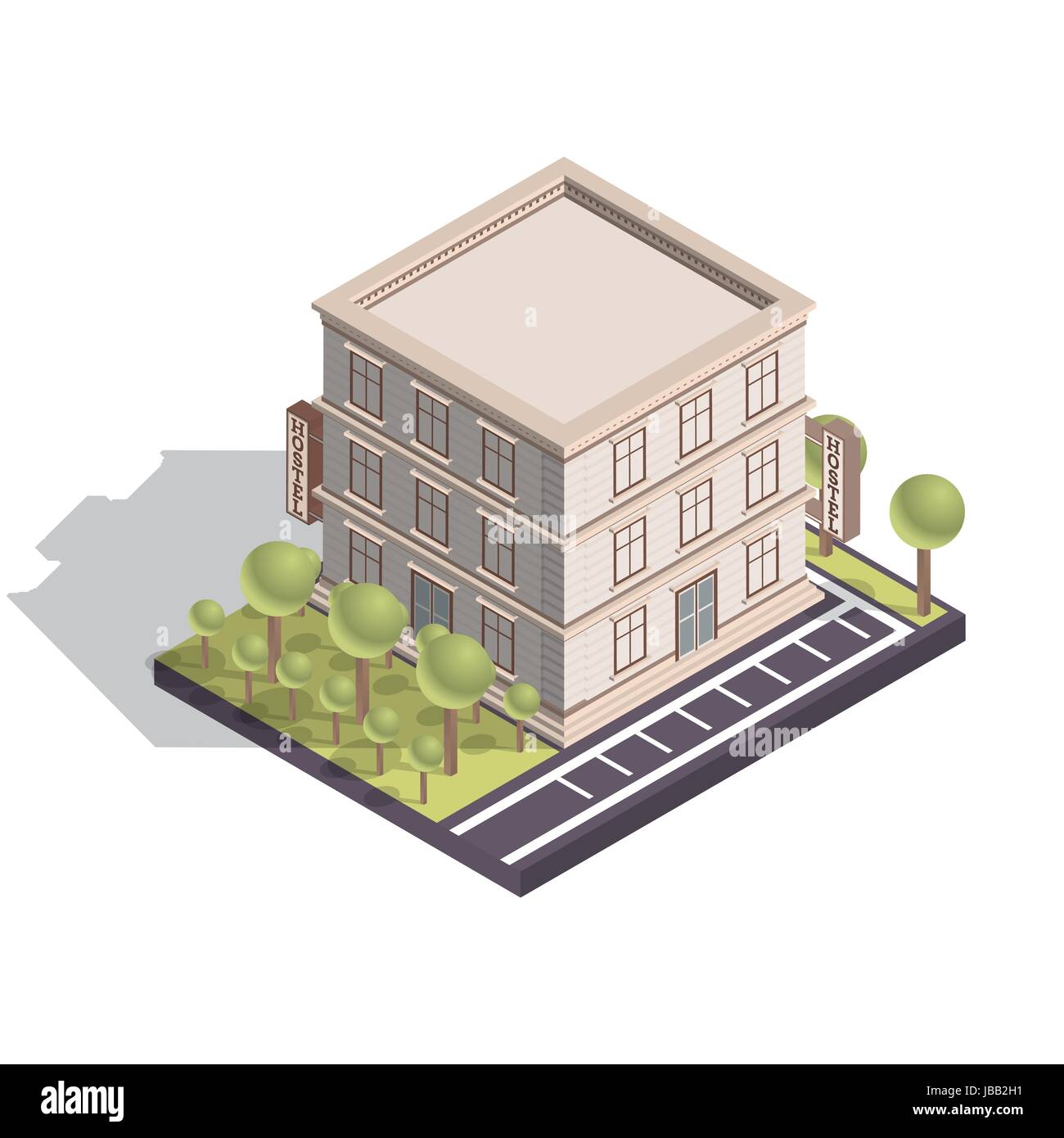 Isometric Hotel or Hostel Building Isolated on White Background. Vector Illustration. Stock Vector