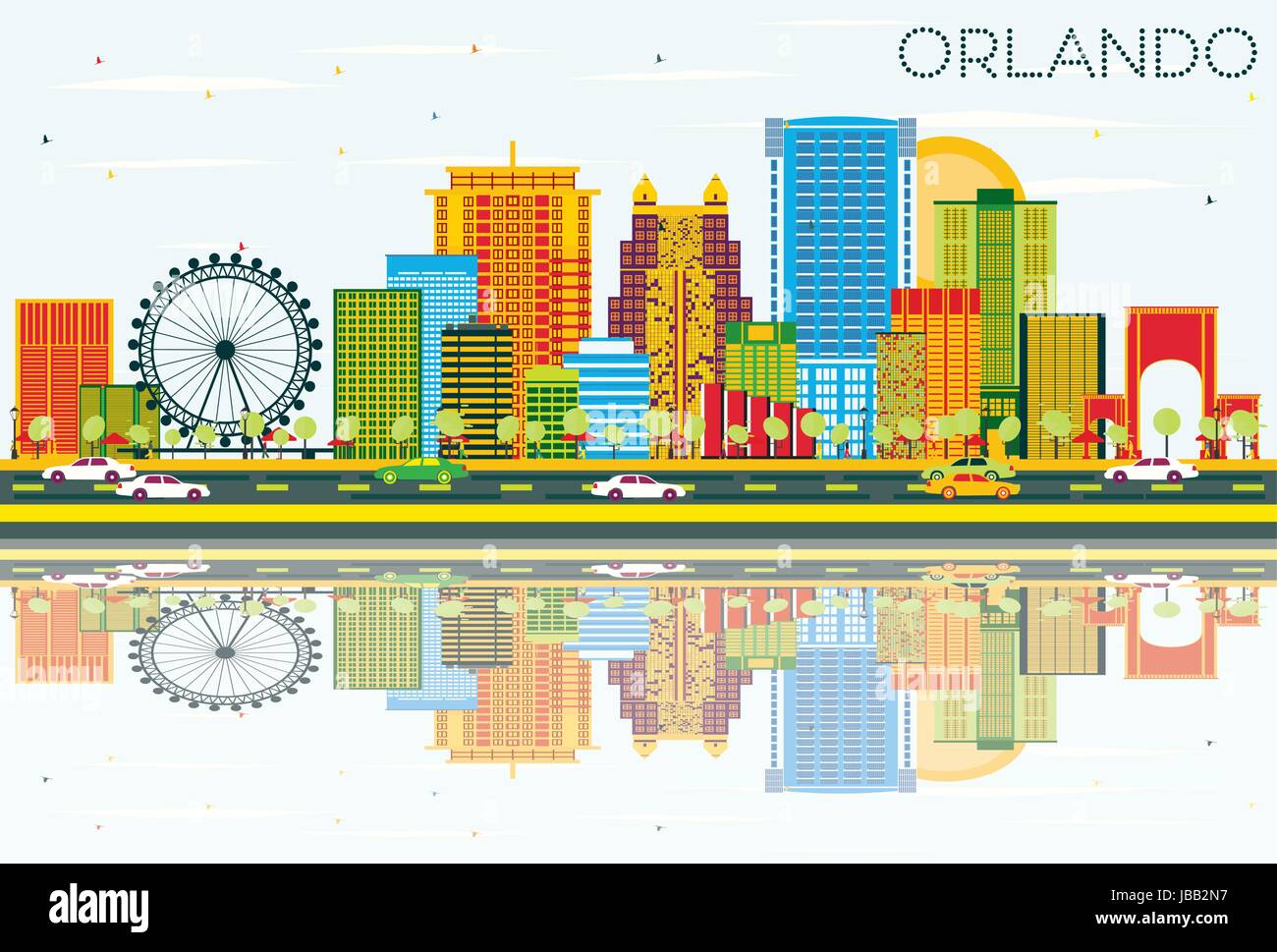 Orlando Skyline with Color Buildings, Blue Sky and Reflections. Vector Illustration. Business Travel and Tourism Concept with Modern Architecture. Stock Vector