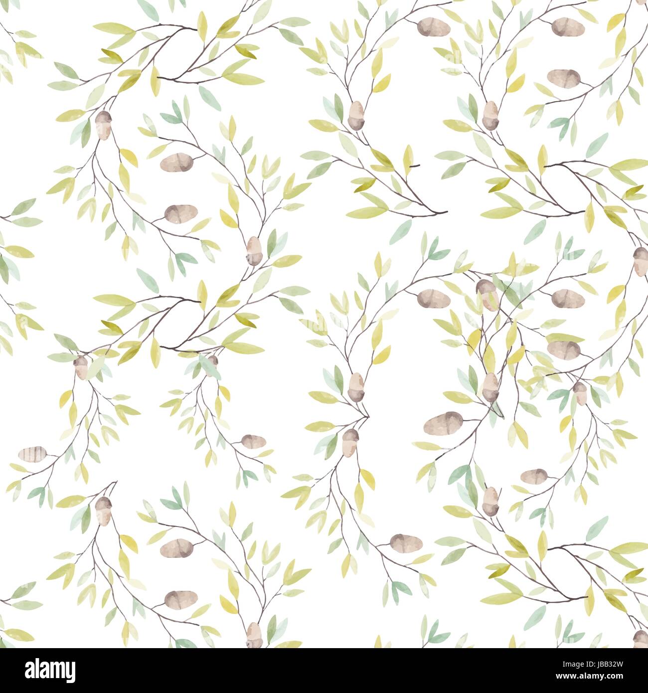 Watercolor Pattern with Leaves and Oak Acorn on White Background ...