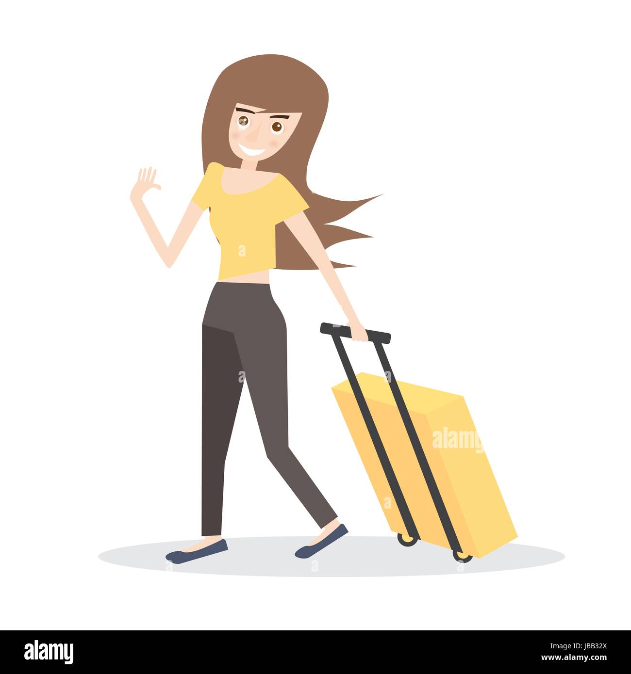 Young Woman with Yellow Suitcase Isolated on White Background. Vector Illustration. Stock Vector