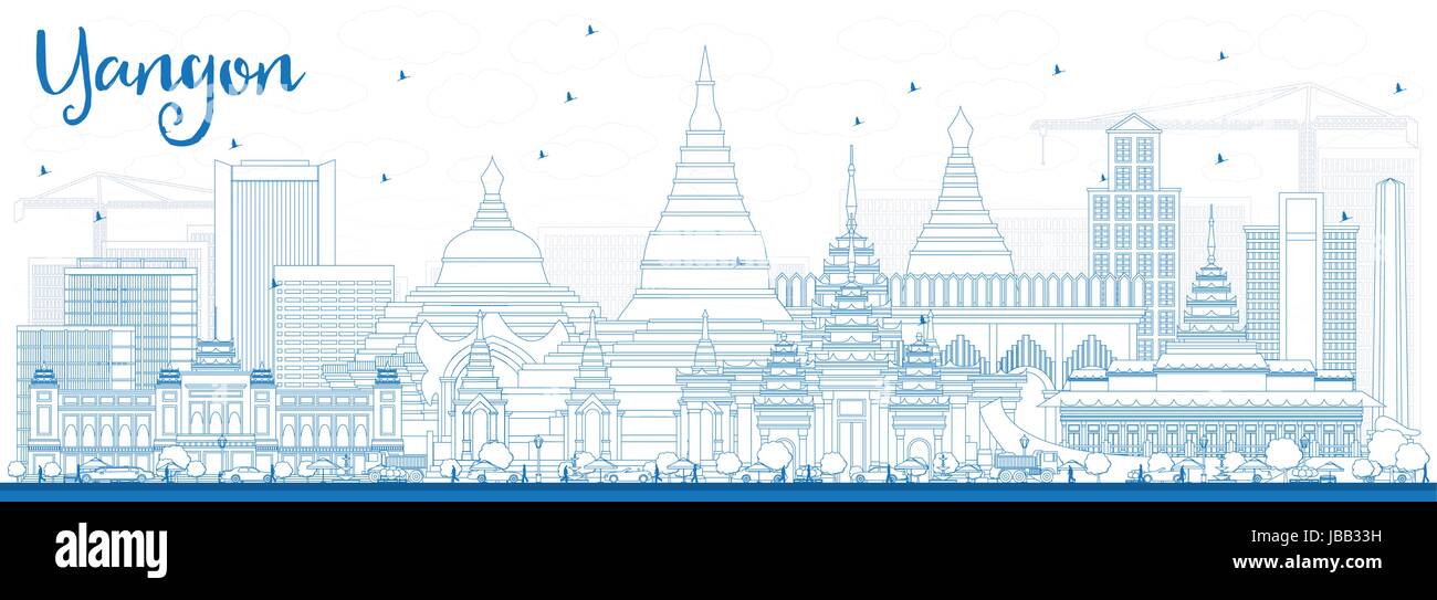 Outline Yangon Skyline with Blue Buildings. Vector Illustration. Business Travel and Tourism Concept with Historic Architecture. Stock Vector
