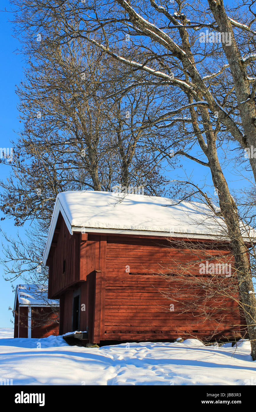 Old Red Log Cabins In The Winter Stock Photo 144688631 Alamy