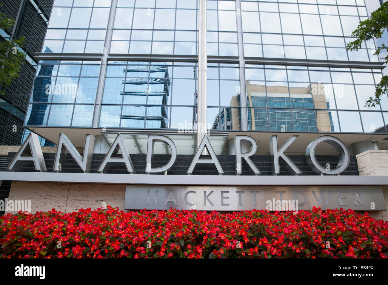 A logo sign outside of the headquarters of the Anadarko Petroleum Corporation in The Woodlands, Texas, on May 28, 2017. Stock Photo