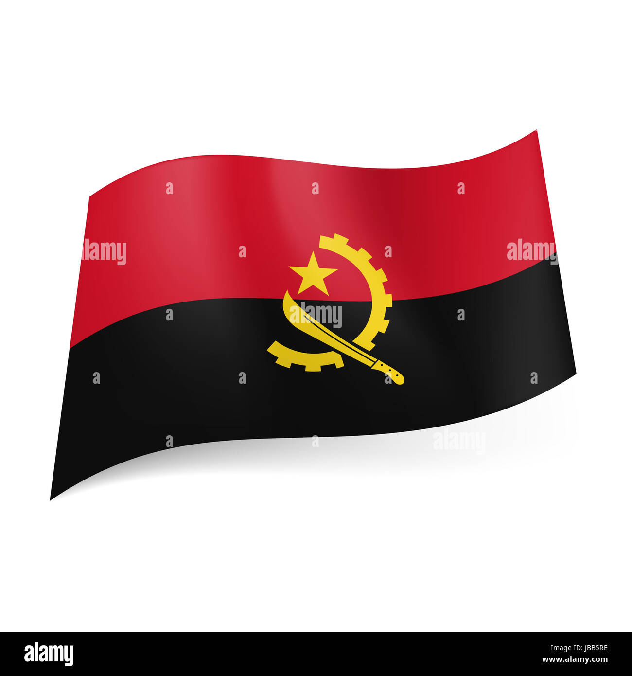National flag of Angola: red and black horizontal stripes with cogwheel,  machete and star in centre Stock Photo - Alamy