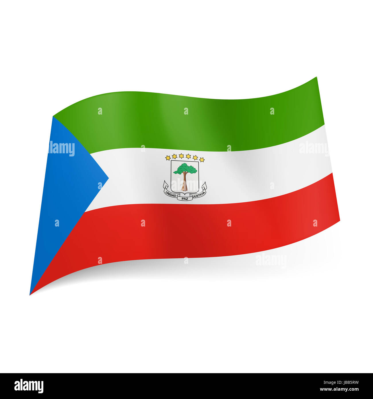 National flag of Equatorial Guinea: green, white and red horizontal stripes  with blue triangle on left side and coat-of-arms in centre Stock Photo -  Alamy