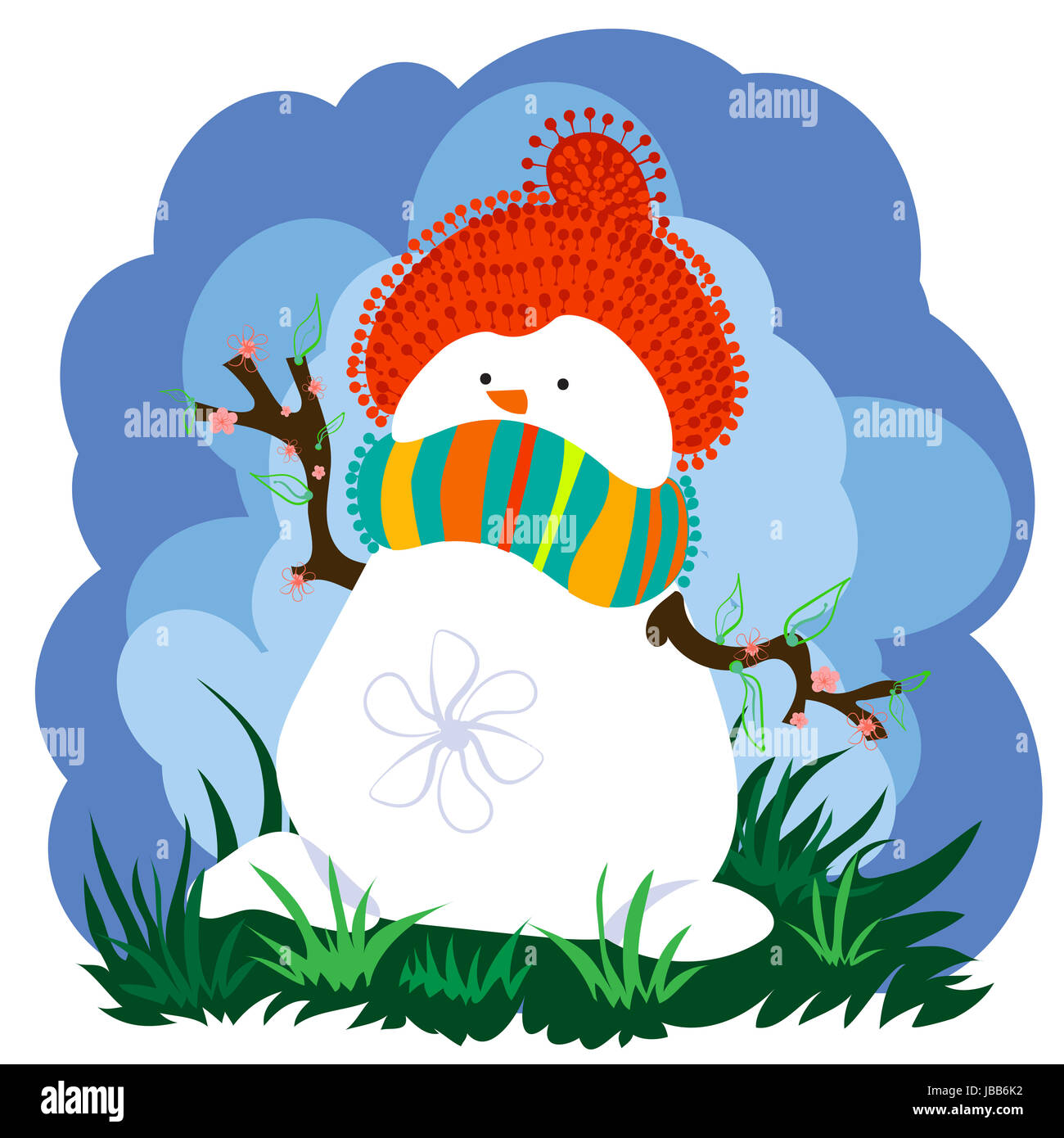 Snowman Wearing Hat and Scarf With Spring Blooming Branches And Clouds ...
