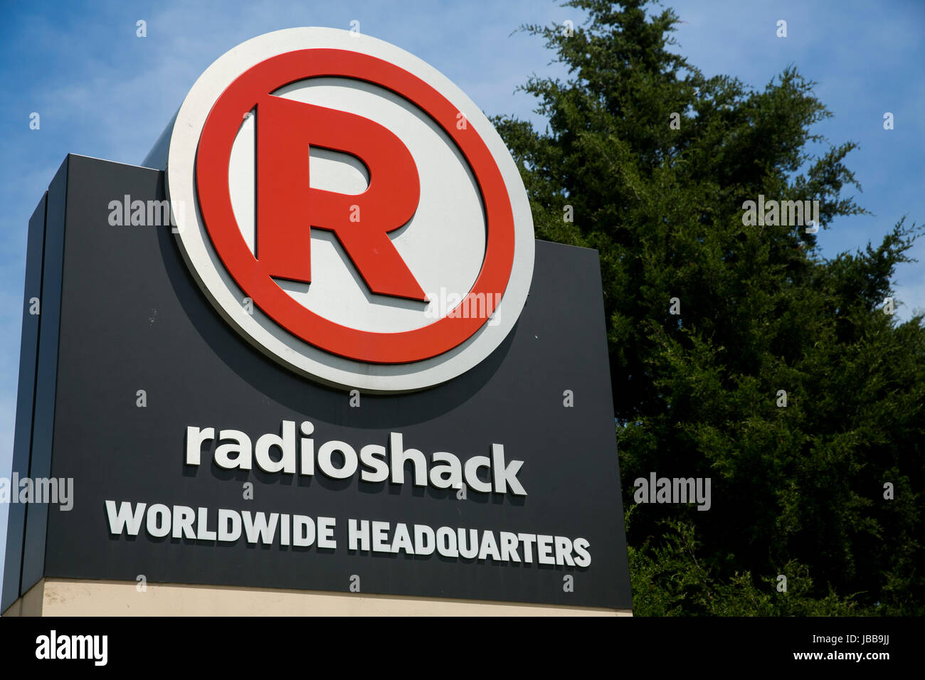 A logo sign outside of the headquarters of RadioShack in Fort Worth