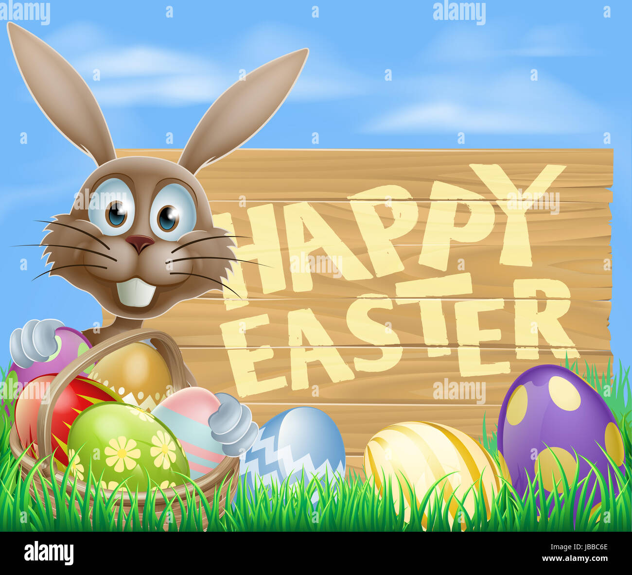 Easter Bunny Pointing At A Wooden Sign With Happy Easter Message Stock Photo Alamy