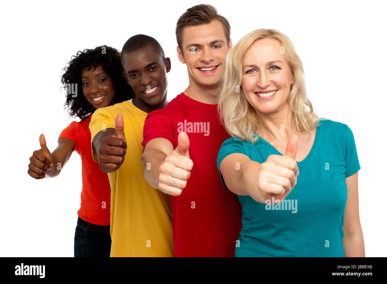 Smiling group of people with thumbs up gesture showing to camera Stock ...
